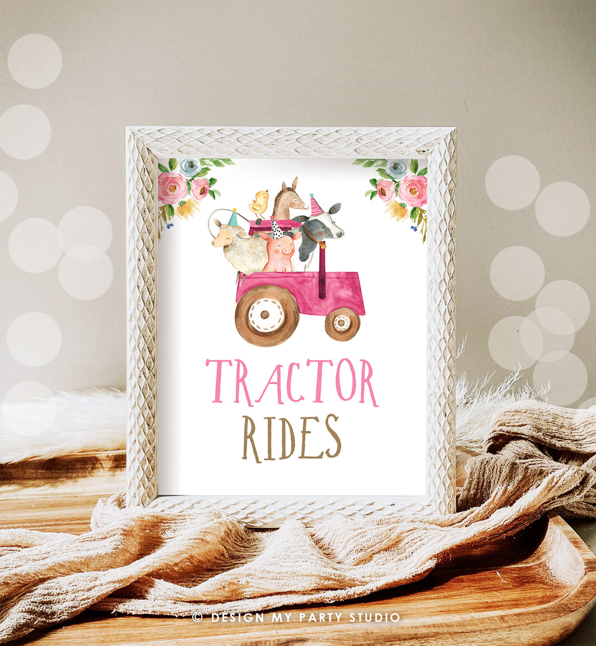 Tractor Rides Sign Farm Animals Party Sign Farm Birthday Sign Zoo Barnyard Birthday Farm Decor Girl Pink Tractor Party PRINTABLE 0155