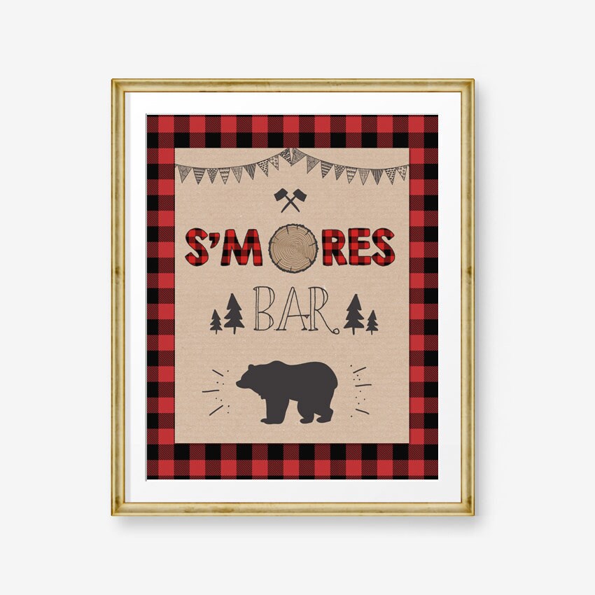 S&#39;mores Bar Sign Lumberjack Birthday Sign Table Sign Woodland Party Decor Buffalo Plaid Smores Sign Smore Fun Bear Digital Printable 0026