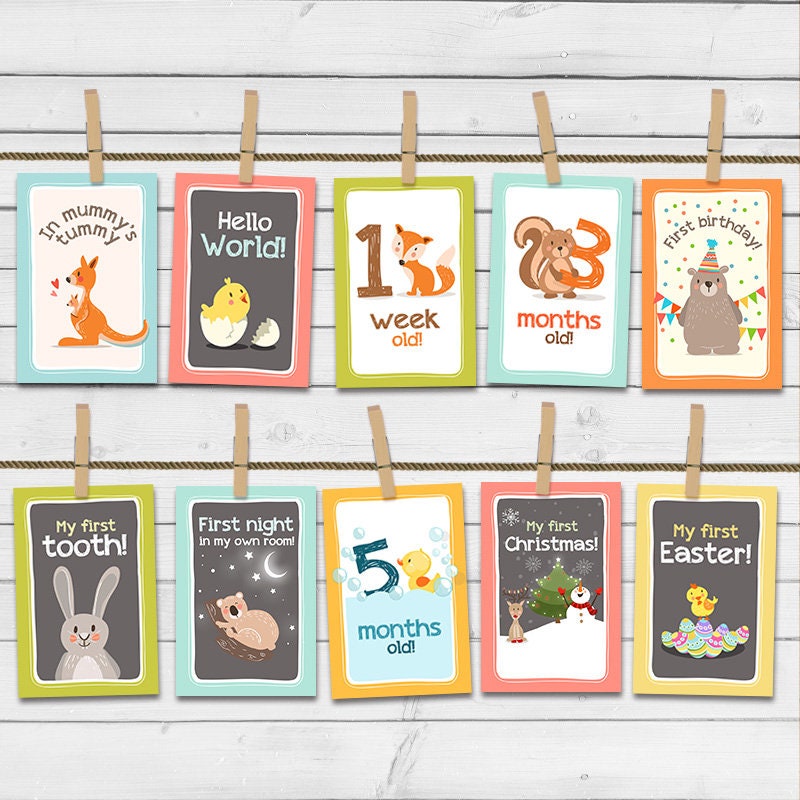 Printable Baby Milestone Cards Animals Printable Monthly Baby&#39;s first gift Photo prop PRINTABLE Milestone Instant download 5x7 JPG PDF