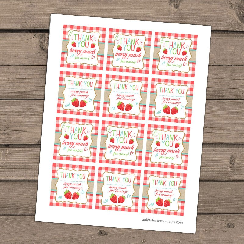 Strawberry Thank You Tags Strawberry Birthday Favor Tags Cupcake Toppers Strawberry Thank you labels Stickers Berry sweet PRINTABLE 0091