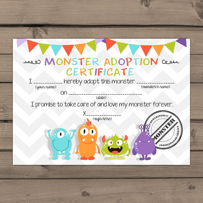 Adopt a Monster certificate and sign Monster Birthday Monster adoption certificate Monster Instant download PRINTABLE Digital PDF DIY 0058