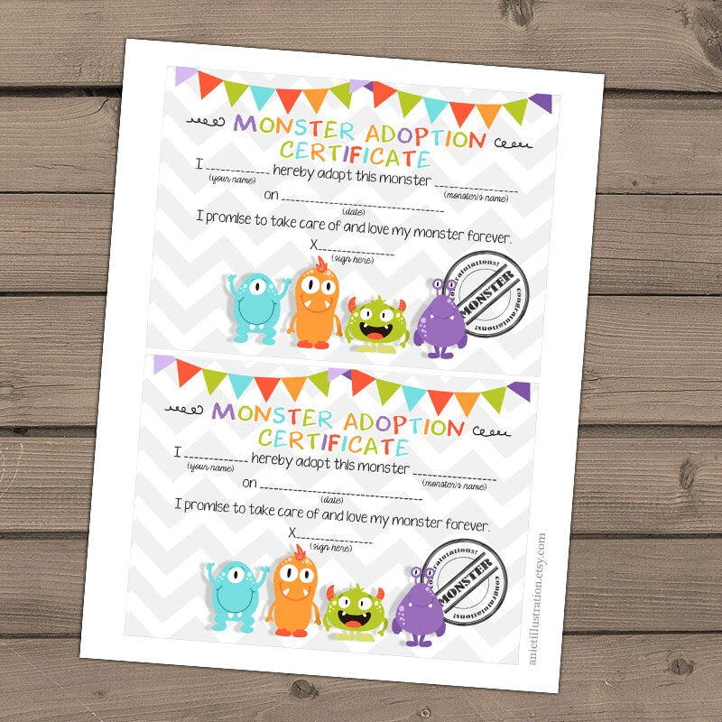 Adopt a Monster certificate and sign Monster Birthday Monster adoption certificate Monster Instant download PRINTABLE Digital PDF DIY 0058