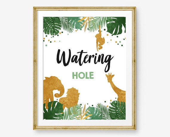 Watering Hole Birthday Sign Drink Table Decor Safari Birthday Wild One Animals Black and Gold Table Sign Zoo Party Jungle PRINTABLE 0016