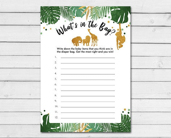 Safari Baby Shower What&#39;s in the Bag Jungle Animals Black and Gold zoo Shower Activity Diaper Bag Guessing Printable Instant Download 0016