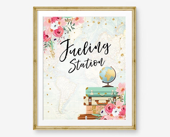 Fueling Station Sign Travel Adventure Bridal Shower Wedding Birthday Flowers Globe Suitcase Gold Confetti Instant Download Printable 0030