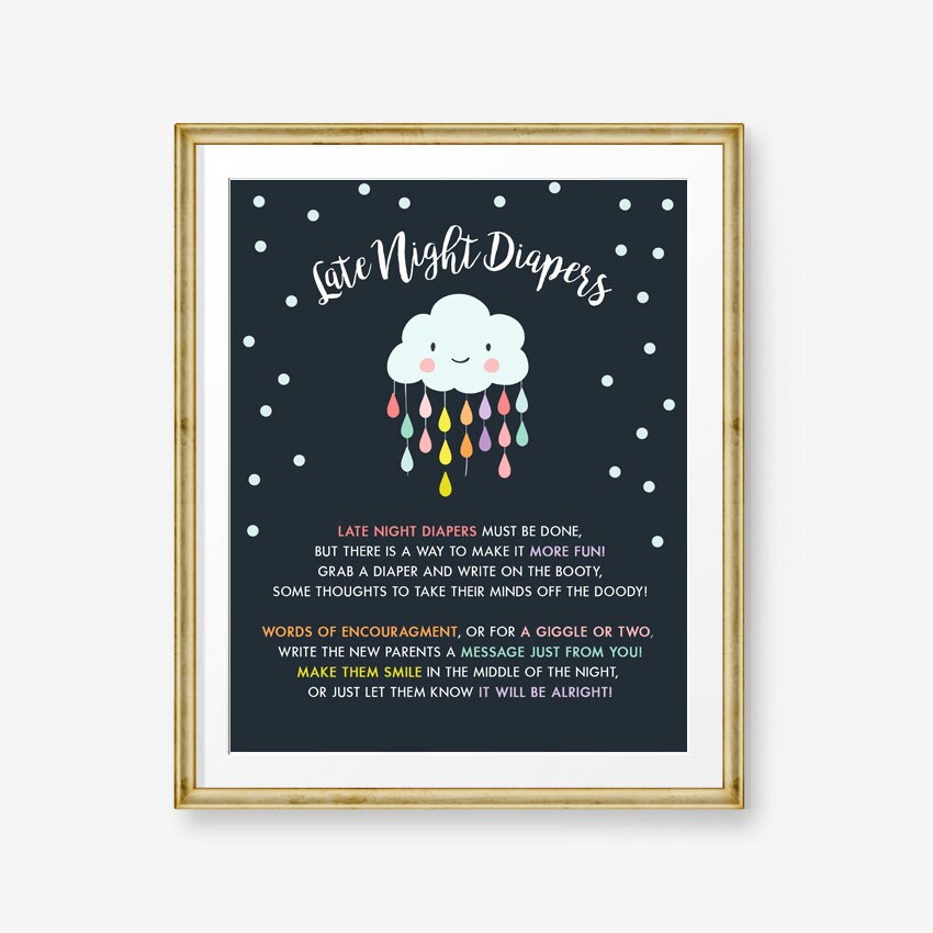 Late Night Diapers Baby Shower Sign Baby shower activity Rain Cloud shower game sign Raindrops Baby shower Cloud Baby Digital Printable 0036