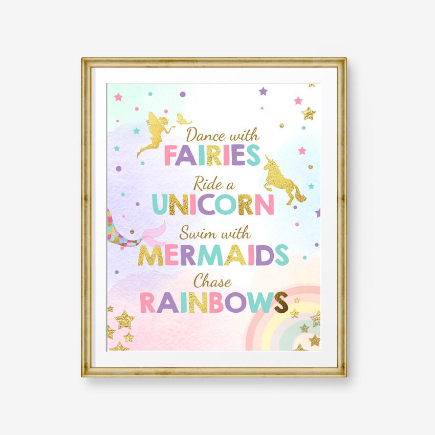 Unicorn Party Sign Dance With Fairies Ride A Unicorn Swim With Mermaids Chase Rainbows Table Sign Girl Nursery Birthday Decor Printable 0041