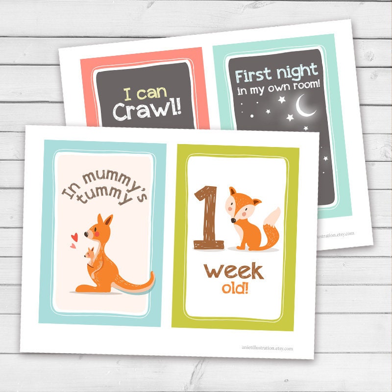 Printable Baby Milestone Cards Animals Printable Monthly Baby's first gift Photo prop PRINTABLE Milestone Instant download 5x7 JPG PDF