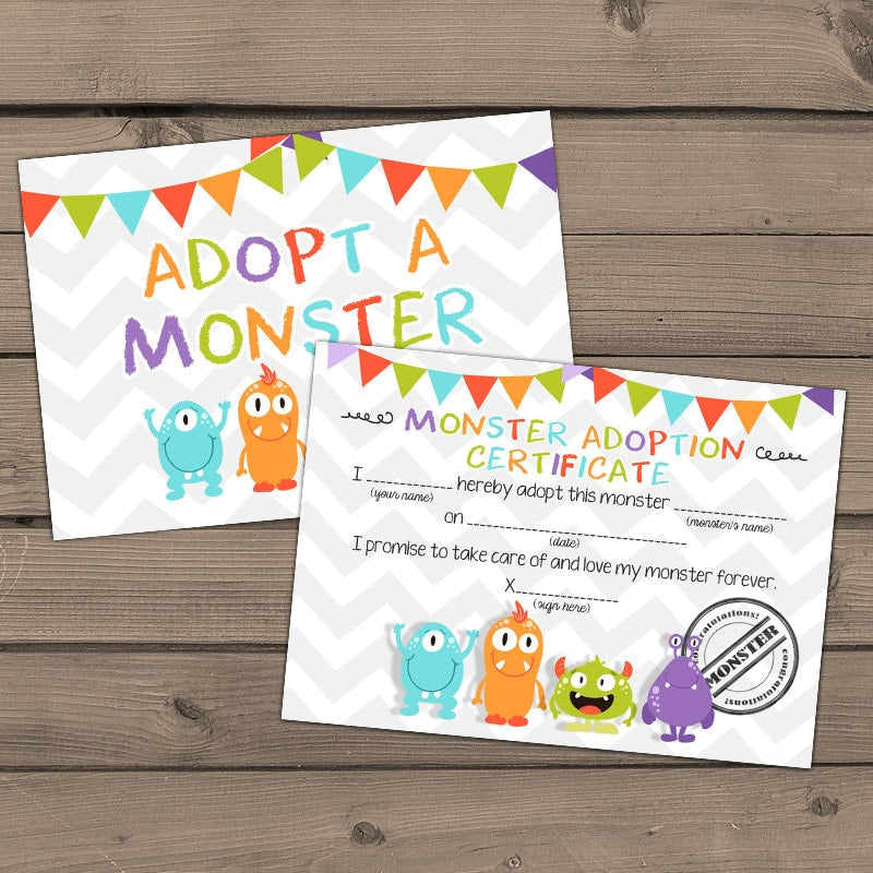 Adopt a Monster certificate and sign Monster Birthday Monster adoption certificate Monster Instant download PRINTABLE Digital PDF DIY 0058