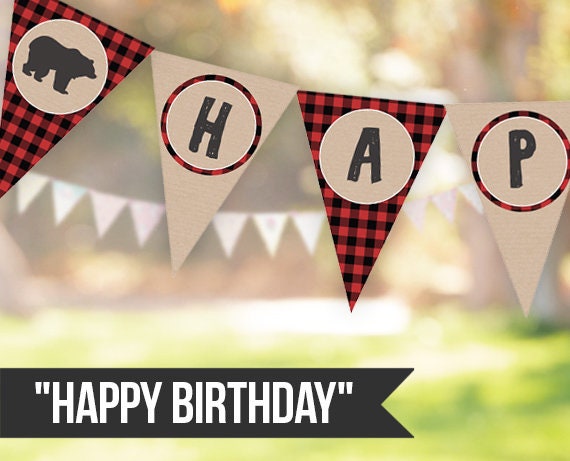 Happy Birthday Banner Lumberjack Birthday Banner Bear Buffalo Plaid Red Black Forest Animals Instant download PRINTABLE DIGITAL DIY 0026