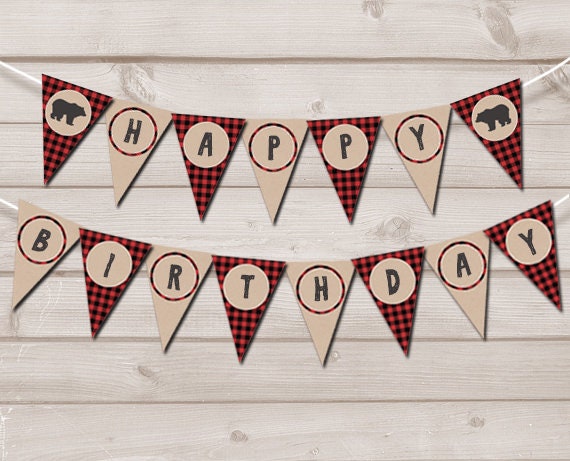 Happy Birthday Banner Lumberjack Birthday Banner Bear Buffalo Plaid Red Black Forest Animals Instant download PRINTABLE DIGITAL DIY 0026