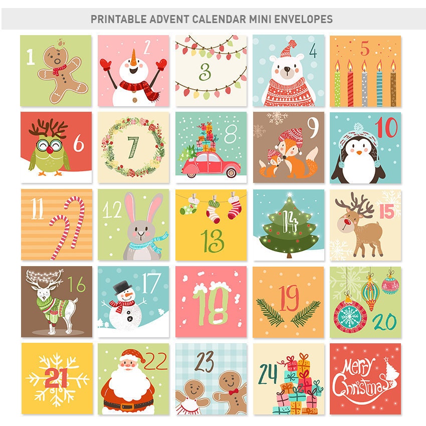 Christmas Advent Calendar Mini Envelopes Tags Christmas countdown Calendar cards Children Classroom Nursery download PRINTABLE Digital