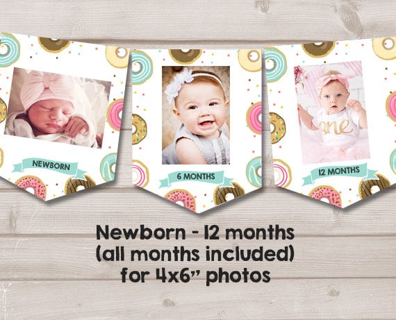 Donut First Birthday Banner Monthly Photo Banner Donut Banner Donut Birthday Party Decor Doughnut Girl Pink Teal Digital PRINTABLE 0050