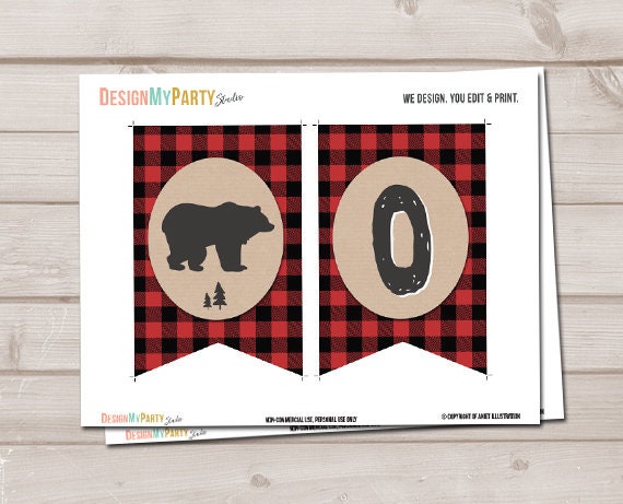 Lumberjack HighChair Banner Birthday Lumberjack Party High Chair Banner ONE Buffalo Plaid Bear Woodland party decor PRINTABLE Digital 0026