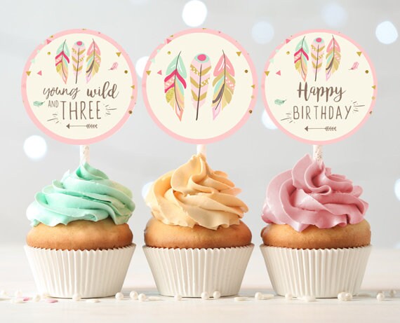 Young Wild and Three Cupcake Toppers Favor Tags Birthday Party Decoration Pink Gold Feathers Tribal Download Digital PRINTABLE 0073