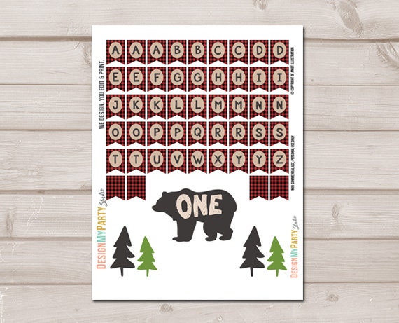 Lumberjack Cake Topper First Birthday Lumberjack Party Name Banner Buffalo Plaid Bear Woodland party decor PRINTABLE Digital 0026