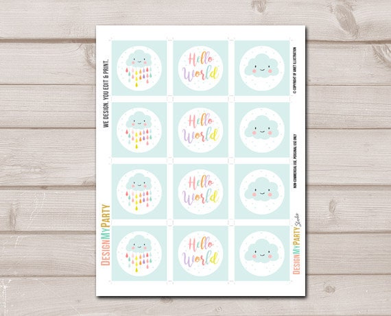 Cloud Baby Shower Cupcake Toppers Favor Tags Rain Cloud Decoration Baby Sprinkle Rainbow Raindrops Neutral download Digital PRINTABLE 0036