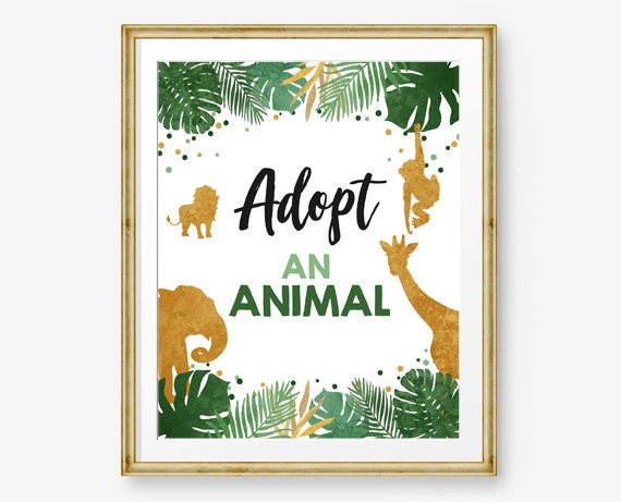 Adopt an Animal Birthday Sign Table Decor Safari Birthday Wild One Animals Black and Gold Table Sign Zoo Party Jungle PRINTABLE 0016