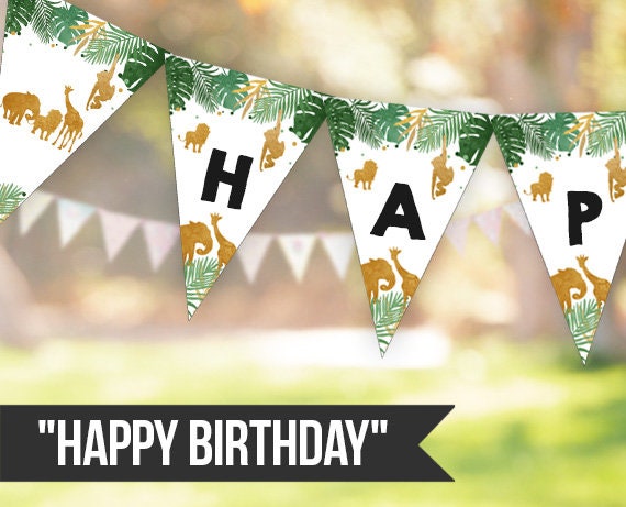 Happy Birthday Banner Wild One Birthday Banner Safari Animals Black and Gold Zoo Wild Birthday Instant download PRINTABLE DIGITAL DIY 0016