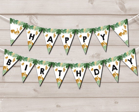 Happy Birthday Banner Wild One Birthday Banner Safari Animals Black and Gold Zoo Wild Birthday Instant download PRINTABLE DIGITAL DIY 0016