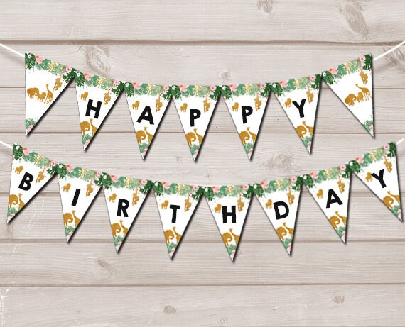 Happy Birthday Banner Wild One Birthday Banner Safari Animals Girl Pink Gold Zoo Wild Birthday Instant download PRINTABLE DIGITAL DIY 0016