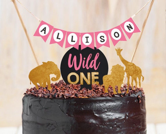 Wild One Cake Topper First Birthday Safari Animals Name Banner Girl Pink Gold Jungle Birthday Zoo party decor PRINTABLE Digital 0016