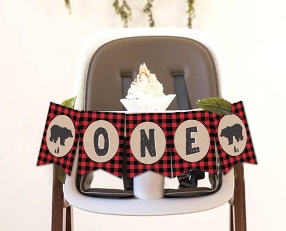 Lumberjack HighChair Banner Birthday Lumberjack Party High Chair Banner ONE Buffalo Plaid Bear Woodland party decor PRINTABLE Digital 0026