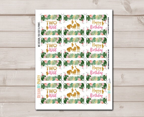 Two Wild Cupcake Toppers Favor Tags Birthday Party Decoration Girl Stickers Safari Animals Party Animals Digital Download PRINTABLE 0016