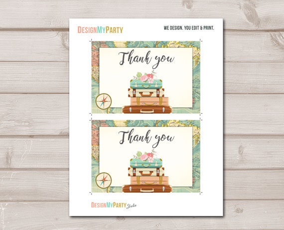 Travel Thank You Card Adventure Thank You Note 4x6" Bridal Shower Pink Gold Flowers Floral Globe Confetti Instant Download Printable 0044