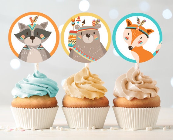 Tribal Woodland Cupcake Toppers Favor Tags Birthday Party Decoration Stickers Forest Animals Wild One Instant Download Printable 0061