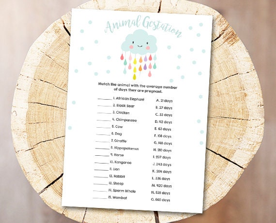 Cloud Baby Shower Game Animal Gestation Game Cards Animal Pregnancy Raindrops Rain Drops Download File Baby Game Shower Activities DIY 0036