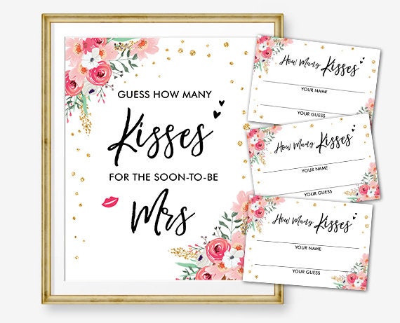 Guess How Many Kisses Bridal Shower Game Wedding Shower Activity Floral Pink Gold Are in The Jar Game Instant Download Printable 0030 0318