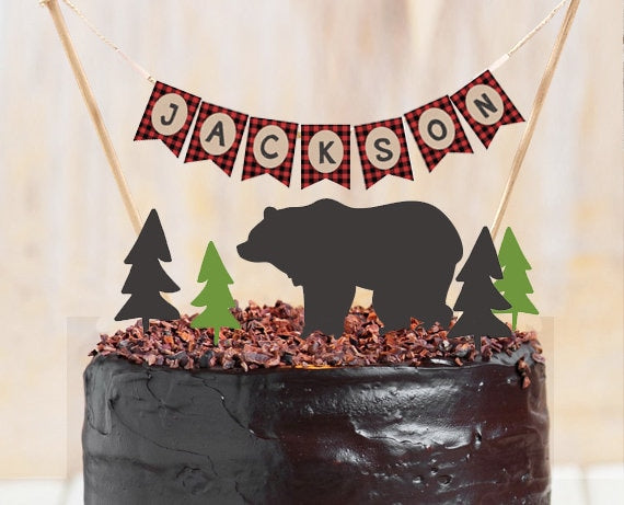 Lumberjack Cake Topper Bear Birthday Lumberjack Party Name Banner Buffalo Plaid Bear Woodland party decor Wild One PRINTABLE Digital 0026