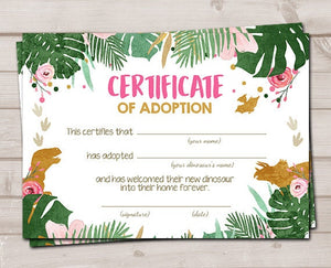 Dinosaur Adoption Certificate Dinosaur Adoption Dinosaur Birthday Dino Party Decor Girl Pink Gold Instant Download Digital PRINTABLE 0146