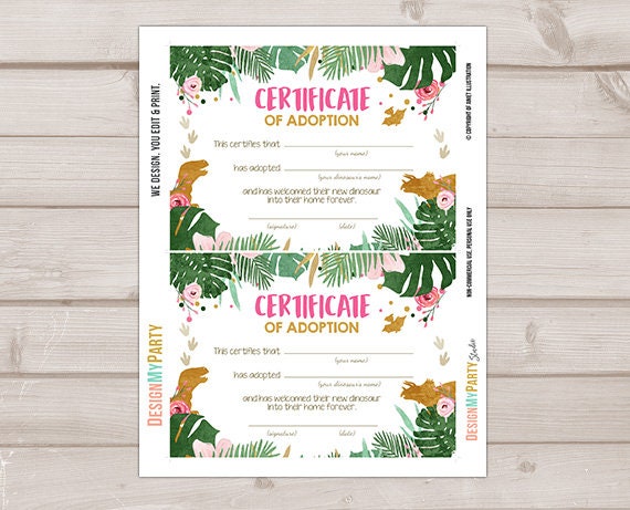 Dinosaur Adoption Certificate Dinosaur Adoption Dinosaur Birthday Dino Party Decor Girl Pink Gold Instant Download Digital PRINTABLE 0146