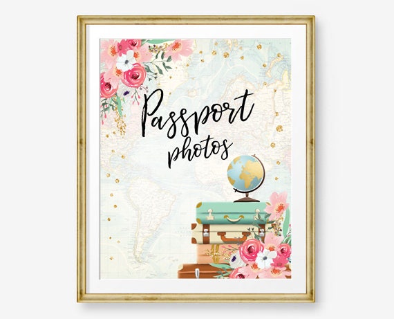 Passport Photos Travel Adventure Bridal Shower Wedding Photo Booth Sign Adventure Pink Gold Traveling Instant Download Printable 0030