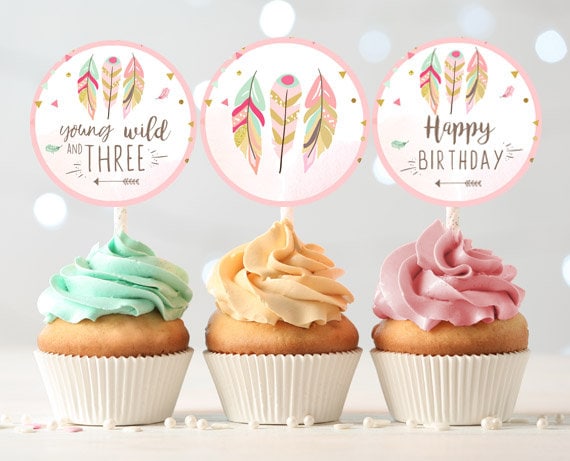 Young Wild and Three Cupcake Toppers Favor Tags Birthday Party Decoration Pink Gold Feathers Tribal Mint download Digital PRINTABLE 0073