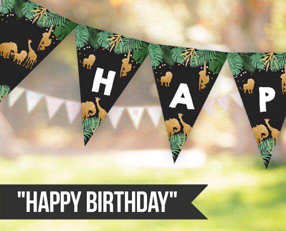 Happy Birthday Banner Wild One Birthday Banner Safari Animals Black and Gold Zoo Wild Birthday Instant download PRINTABLE DIGITAL DIY 0016