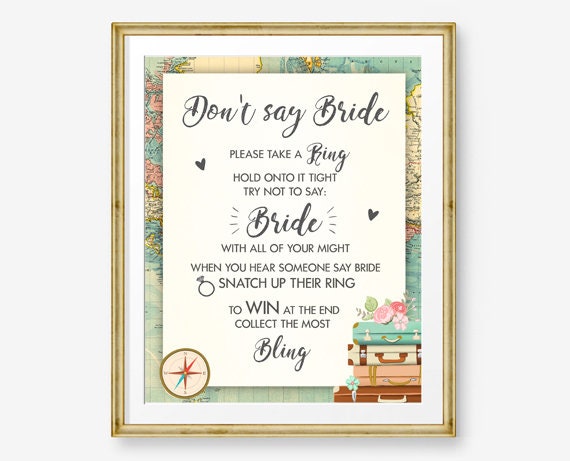 Don&#39;t Say Bride Bridal Shower Game Travel Adventure Traveling Take a Ring Game Shower Games Suitcases Floral Digital Download Printable 0044