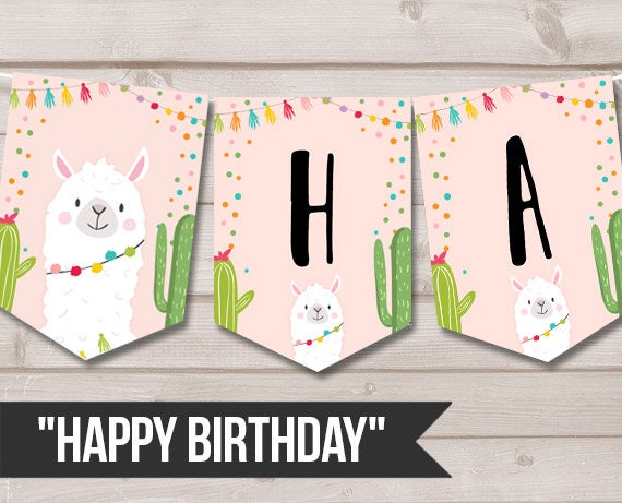 Happy Birthday Banner Llama Birthday Banner Fiesta Birthday Girl Cactus Llama Decoration Pink Instant download PRINTABLE DIGITAL DIY 0079