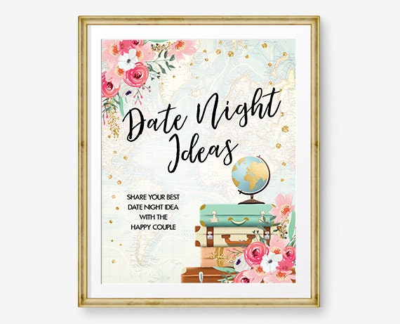 Date Night Ideas Bridal Shower Game Travel Themed Floral Pink and Gold Date Jar Sign Date Night Shower Games Instant Download PRINTABLE 0030