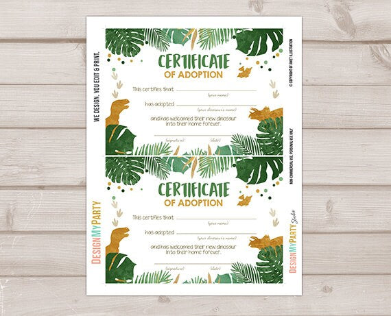 Dinosaur Adoption Certificate Dinosaur Adoption Dinosaur Birthday Dino Party Decor Boy Green Gold Instant Download Digital PRINTABLE 0146