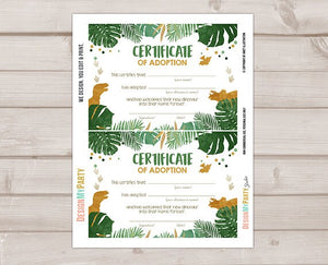 Dinosaur Adoption Certificate Dinosaur Adoption Dinosaur Birthday Dino Party Decor Boy Green Gold Instant Download Digital PRINTABLE 0146