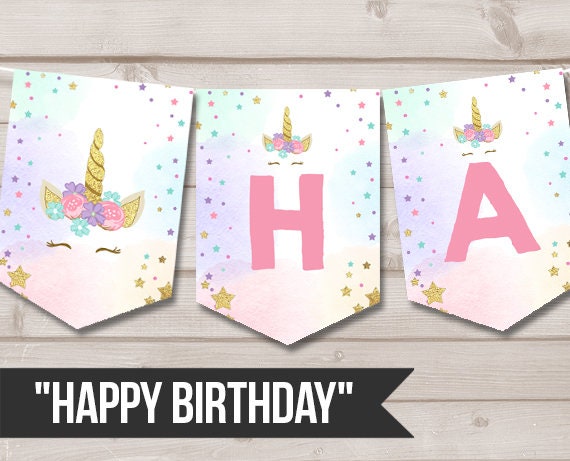 Happy Birthday Banner Unicorn Birthday Banner Magical Birthday Girl Pink and Gold Decoration Instant download PRINTABLE DIGITAL DIY 0041