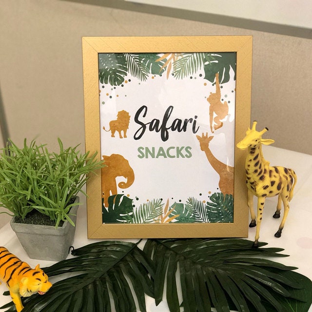 Safari Snacks Birthday Sign Table Decor Safari Birthday Wild One Animals Black and Gold Food Table Decor Zoo Party Jungle PRINTABLE 0016