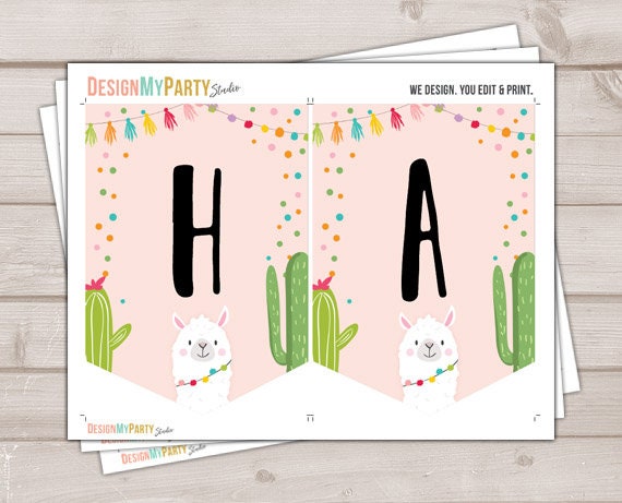 Happy Birthday Banner Llama Birthday Banner Fiesta Birthday Girl Cactus Llama Decoration Pink Instant download PRINTABLE DIGITAL DIY 0079