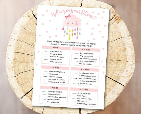 Cloud Baby Shower What&#39;s in Your Phone Game Cards Raindrops Rain Pink Baby Game Shower Activities Digital Download File DIY Printable 0036