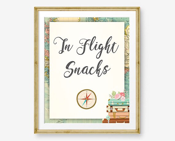 In-Flight Snacks Sign Travel Adventure Bridal Shower Wedding Birthday Vintage Globe Suitcase Adventure Instant Download Printable 0044