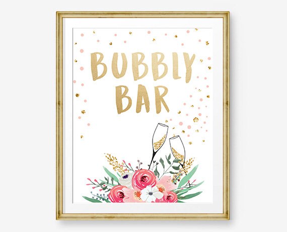 Bubbly Bar Sign Cheers Bridal Shower Wedding Fruit Juice Sign Floral Pink Gold Brunch and Bubbly Bar Sign Instant Download PRINTABLE 0318