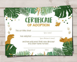 Dinosaur Adoption Certificate Dinosaur Adoption Dinosaur Birthday Dino Party Decor Boy Green Gold Instant Download Digital PRINTABLE 0146